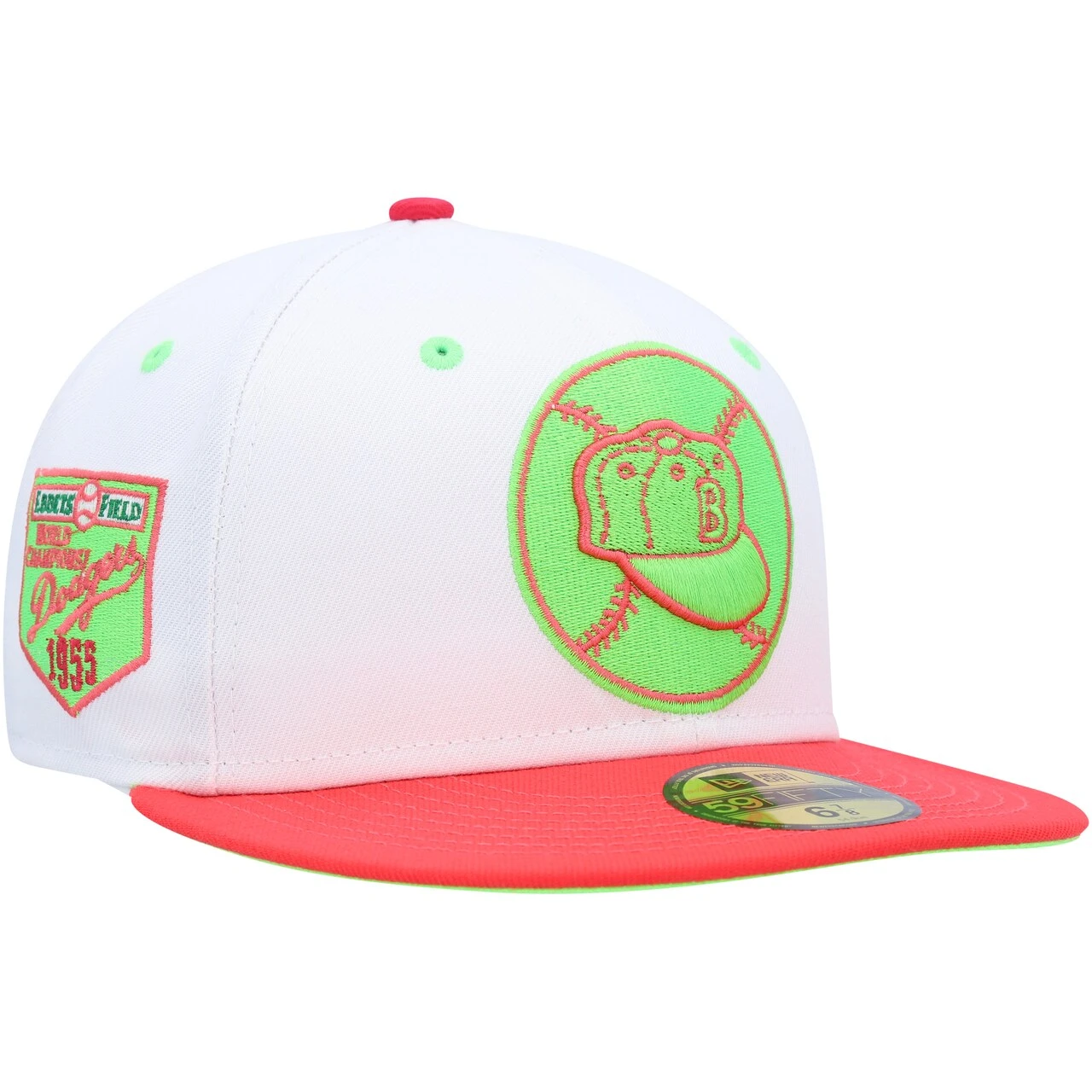 Men's Brooklyn Dodgers New Era White/Coral Cooperstown Collection 1955 World Series Strawberry Lolli 59FIFTY Fitted Hat 1 Men's Brooklyn Dodgers New Era White/Coral Cooperstown Collection 1955 World Series Strawberry Lolli 59FIFTY Fitted Hat