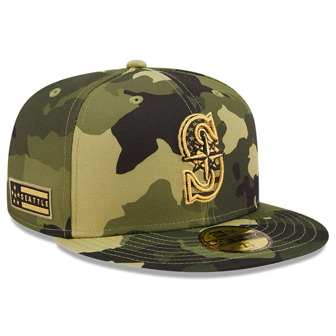 Men's Seattle Mariners New Era Camo 2022 Armed Forces Day On-Field 59FIFTY Fitted Hat 1 Men's Seattle Mariners New Era Camo 2022 Armed Forces Day On-Field 59FIFTY Fitted Hat