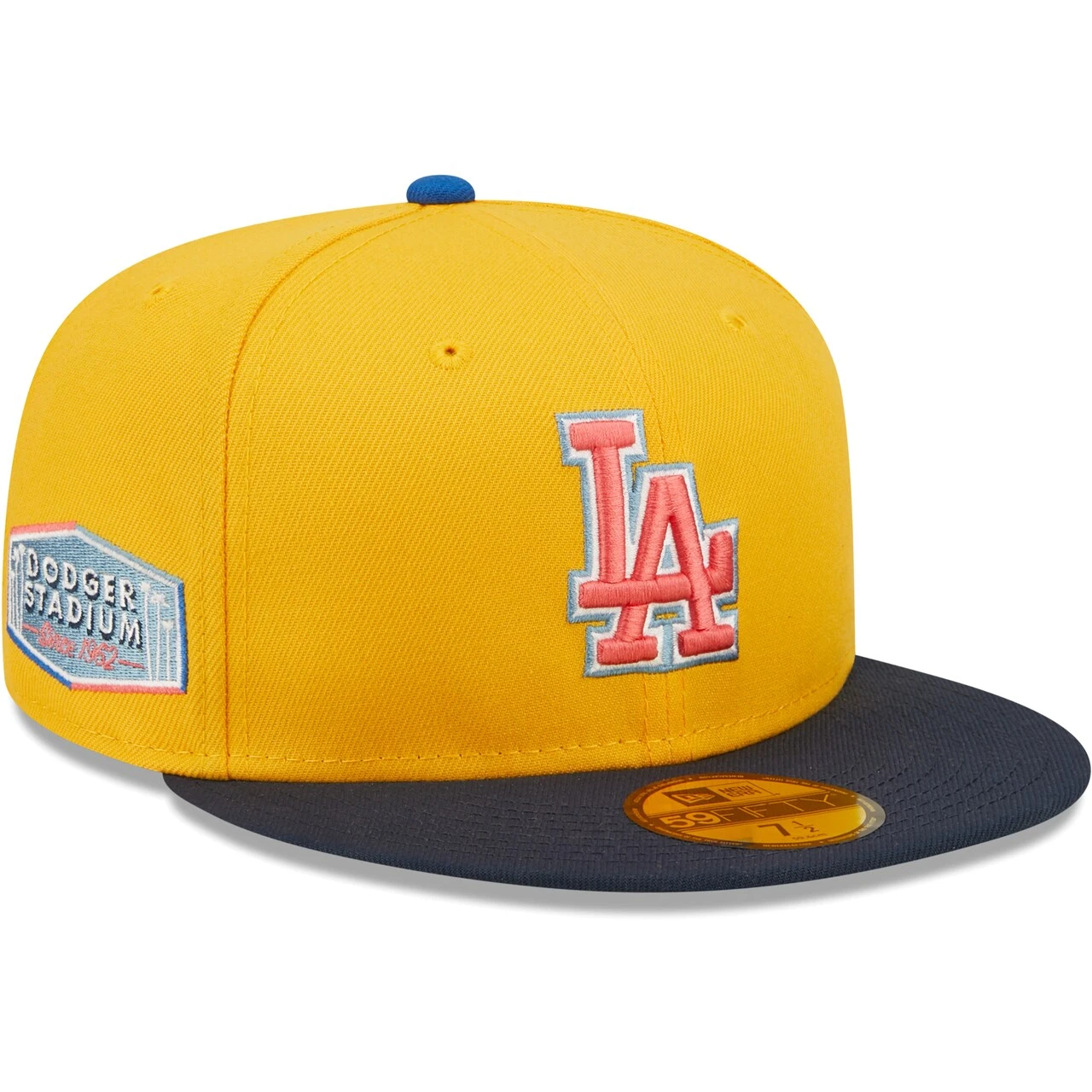 Men's Los Angeles Dodgers New Era Gold/Navy Dodger Stadium Azure Undervisor 59FIFTY Fitted Hat 1 Men's Los Angeles Dodgers New Era Gold/Navy Dodger Stadium Azure Undervisor 59FIFTY Fitted Hat